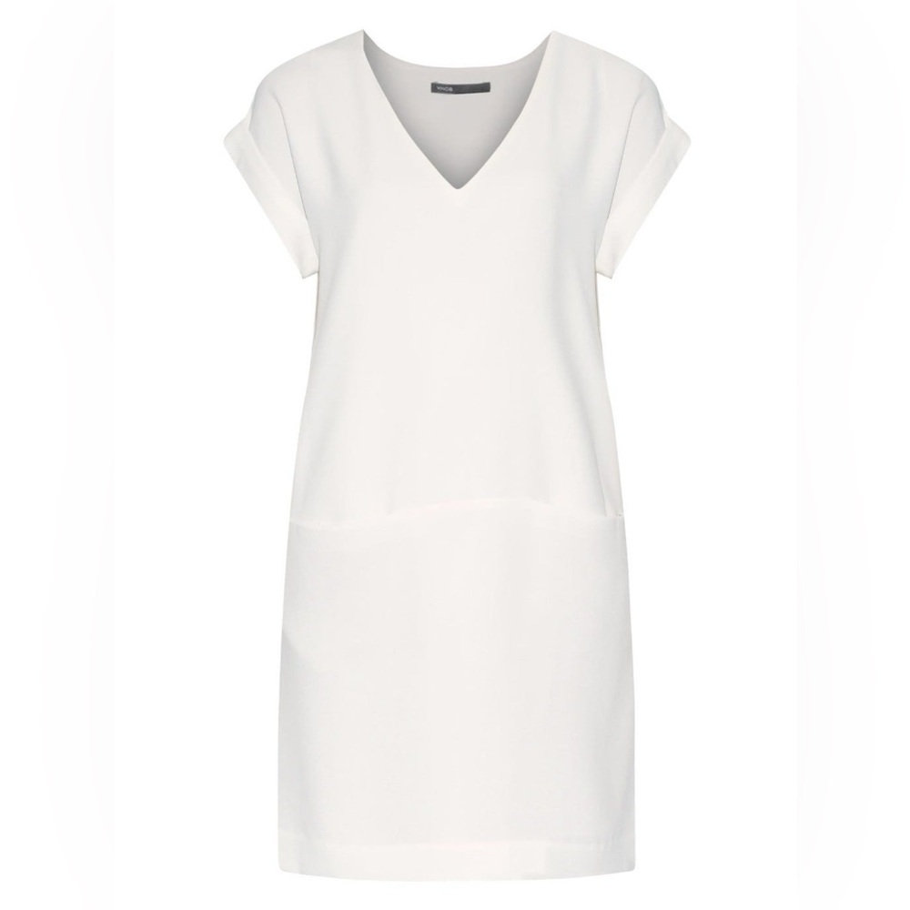 Vince White V-Neck Rolled Sleeve Shift Mini Dress Front Pockets Size Large
